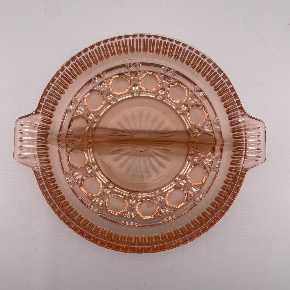 Federal Glass Windsor Pink Divided Relish Dish Button & Cane Designs 7¼" Depress - Picture 1 of 3